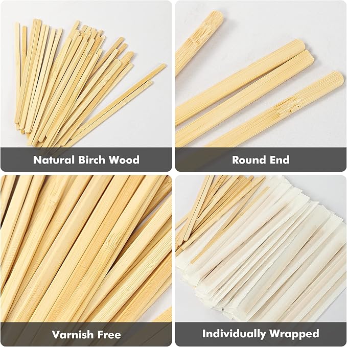 500pcs Bamboo Coffee Stirrers Individually Wrapped, 5.5 Inch Disposable Wood - Image 2