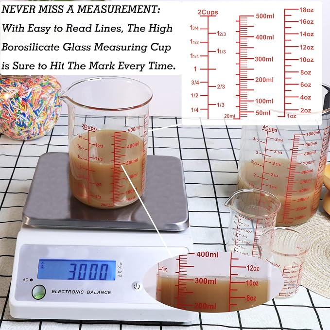 3 Piece Glass Measuring Cup Set, Includes 2-Cup, and 8-Cup High Borosilicate - Image 2