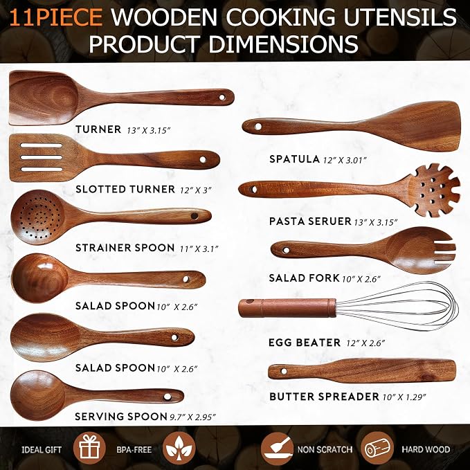 Wooden Spoons for Cooking 11 Pieces Set, High Quality Wooden Kitchen Utensil Set - Image 5