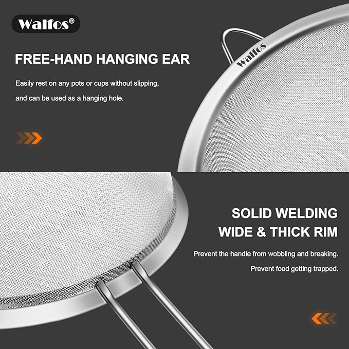 Walfos Fine Mesh Strainer Set of 3, Stainless Steel Wire Strainers - Image 3