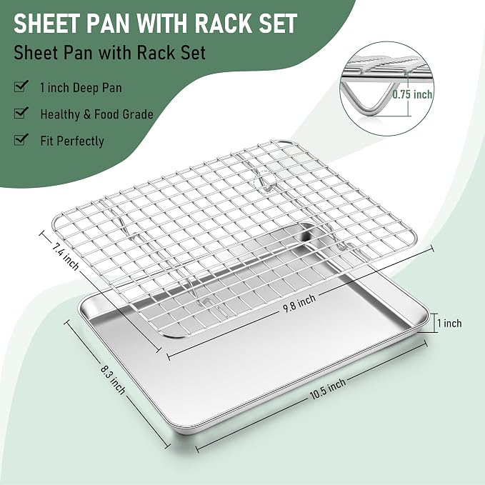Homikit Cookie Sheet with Rack, 10 x 8 Inch Stainless Steel Small Baking Sheet - Image 2