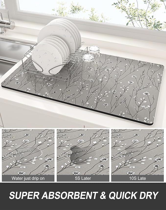 Rnivvi Dish Drying Mat for Kitchen Counter, XL 15 x 24" Cute Flower Theme - Image 3
