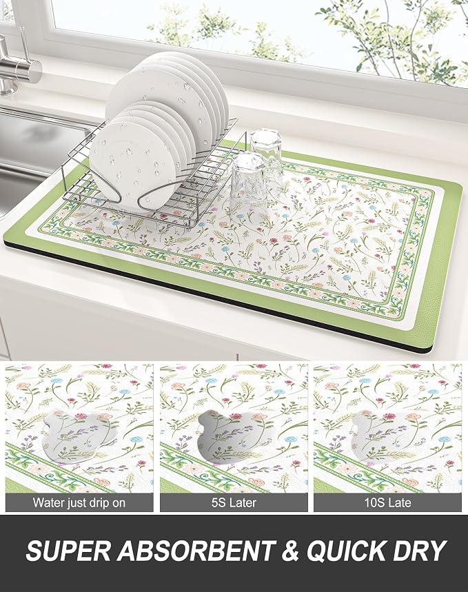 Rnivvi Dish Drying Mat for Kitchen Counter, 12 x 19" Cute Flower Theme Super - Image 3