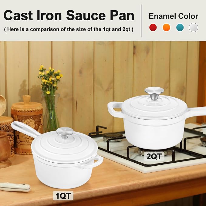 1 Qt & 2 Qt Pots and Pans Set, Leonyo Enameled Cast Iron Saucepan - Image 6