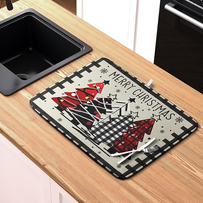 Christmas Trees Kitchen Dish Drying Mat 18x24 Inch Merry Christmas Black White - Image 6