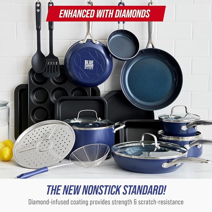 Blue Diamond 20 Piece Nonstick Cookware Set, Diamond Ceramic Pots & Pans - Image 2