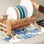 Blue Hydrangea Flowers Dish Drying Mat, Bird Drying Rack Pad Countertop Dishes - Image 7