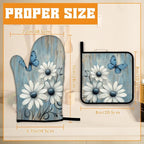 Blue Butterfly Oven Mitts and Pot Holders, Vintage Daisy Wooden Heat Resistant - Image 2