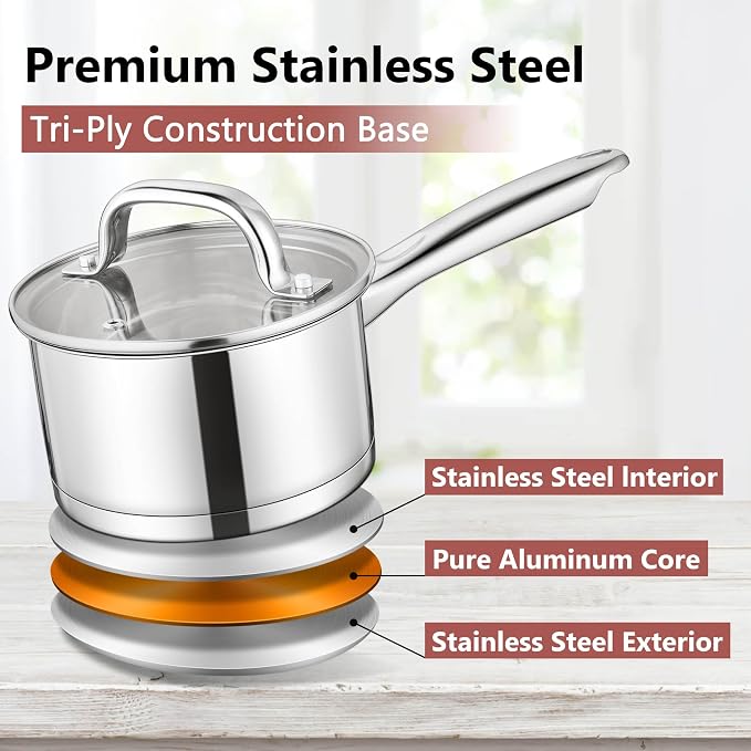 E-far 1 Quart Saucepan with Lid, Stainless Steel Small Sauce Pan Boiling Pot - Image 6