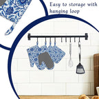 Oven Mitts and Pot Holders Sets Blue White Floral Silicone Kitchen Mits - Image 3