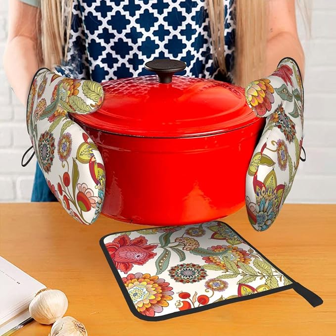 Boho Floral Oven Mitts and Pot Holders Sets of 3 Heat Resistant Hot Pads - Image 7