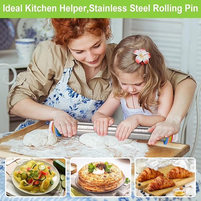 Rolling Pin with Thickness Rings and Silicone Baking Mat, Adjustable Stainless - Image 6
