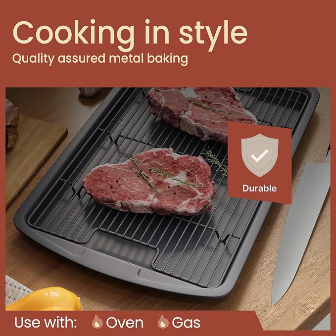 Cookie Sheet with Wire Rack Set, 2-Piece Nonstick Gray Carbon Steel Pan & - Image 3