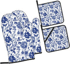 Blue and White Porcelain Floral Butterfly Oven Mitts and Pot Holders Set of 4 - Image 8