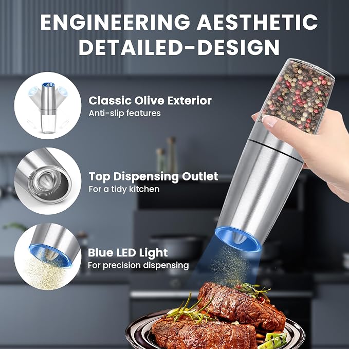 UNNEES Gravity Electric Salt and Pepper Grinder set of 2, Automatic Salt And - Image 4