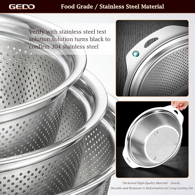 GEDO 304 Stainless Steel Colander Set, 3 Pack Kitchen Food Strainer - Image 4
