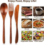 24 Pcs Wooden Utensil Set for Eating Wooden Spoon Fork Knife Wood Cutlery - Image 6