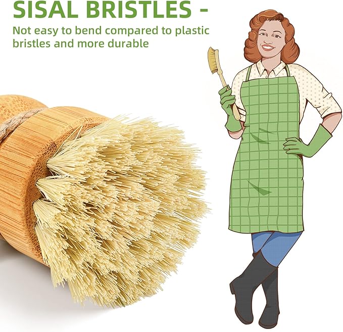SUBEKYU Bamboo Dish Scrub Brushes, Kitchen Wooden Cleaning Scrubbers Set - Image 2