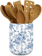 JarThenaAMCS Chinoiserie Floral Ceramic Utensil Holder Blue Flower Butterfly by JarThenaAMCS