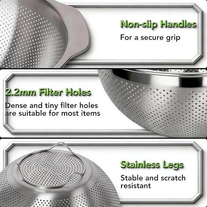 304 Stainless Steel Colander, 5 QT Large Capacity and 5QT Mixing Bowl, 2mm - Image 5