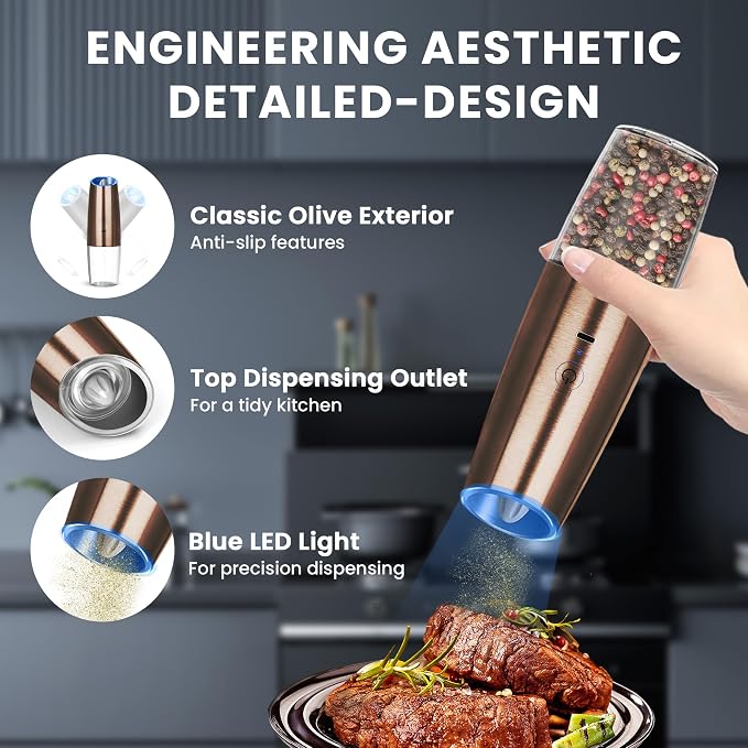 UNNEES Rechargeable Electric Salt and Pepper Grinder set of 2, gravity electric - Image 4