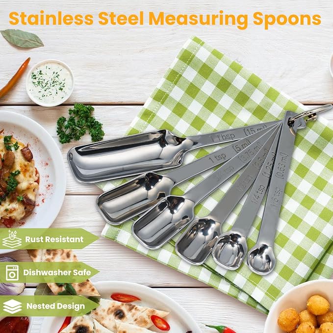 Stainless Steel Measuring Spoons Set of 6, Rectangular Metal Measuring Spoons - Image 2