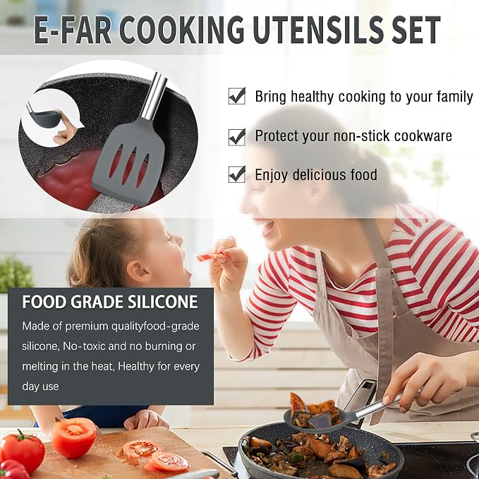 Silicone Cooking Utensils Set, E-far 14-Piece Gray Kitchen Utensils Set - Image 5