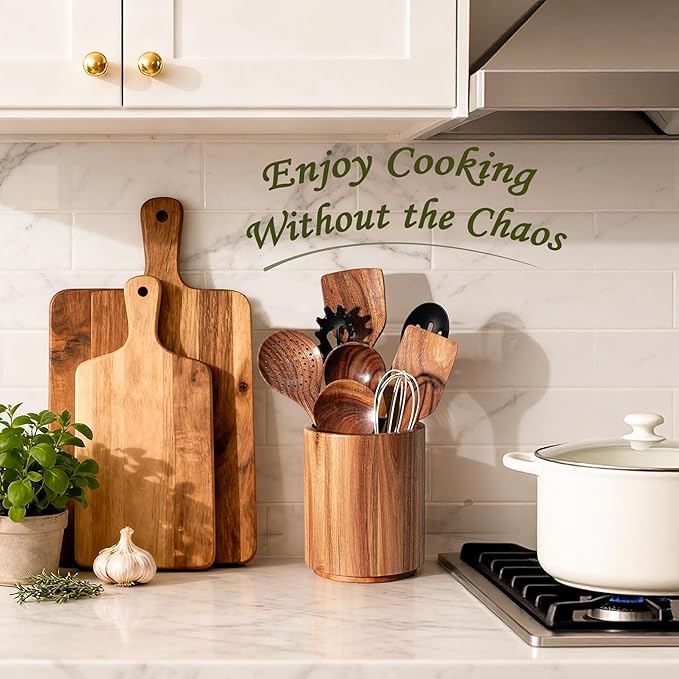 Criusia Utensil Holder 2 Pack, 360° Rotating Acacia Wood Cooking Utensil Crocks - Image 3