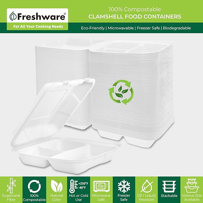 Freshware Compostable Clamshell Food Containers 3-Compartment 50-Pack, - Image 2