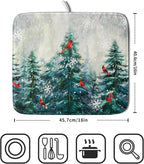 Pine Tree Dish Drying Mat for Kitchen Countertop Red Bird Dishes Mats Winter - Image 2