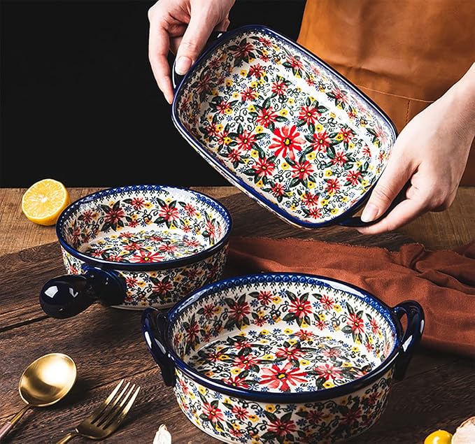 Red Daisy Flower Vintage Style Ceramic Bakeware Casserole Dish Baking Pan - Image 4