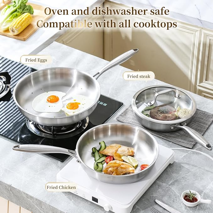 DELARLO Tri-Ply Stainless Steel Pan, 18/10 Frying Pan, Oven Safe Up to 600°F - Image 7