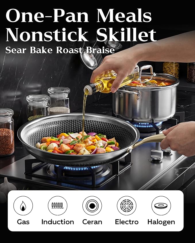 Nonstick Frying Pan with Lid 12-Inch, Durable Stainless Steel Skillet, - Image 4