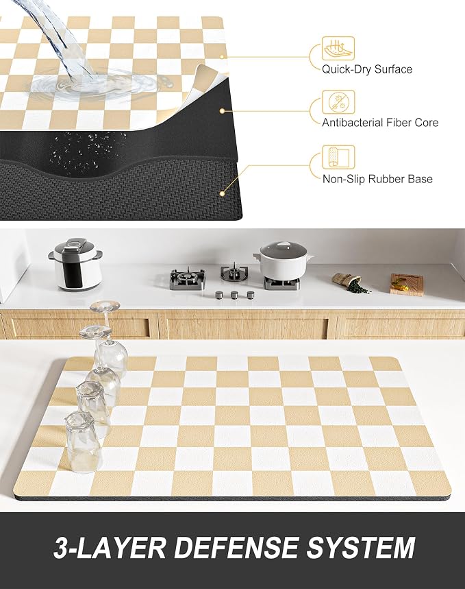 Rnivvi Dish Drying Mat for Kitchen Counter, XL 15 x 24" Cute Checkered - Image 4