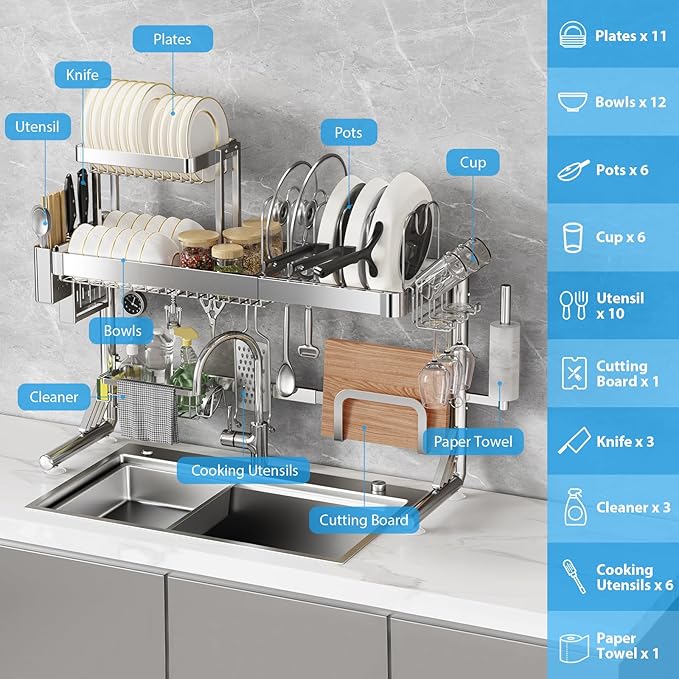 Over Sink Dish Drying Rack, Upgrade 2.5-Tier 304 Stainless Steel Dish Rack - Image 6