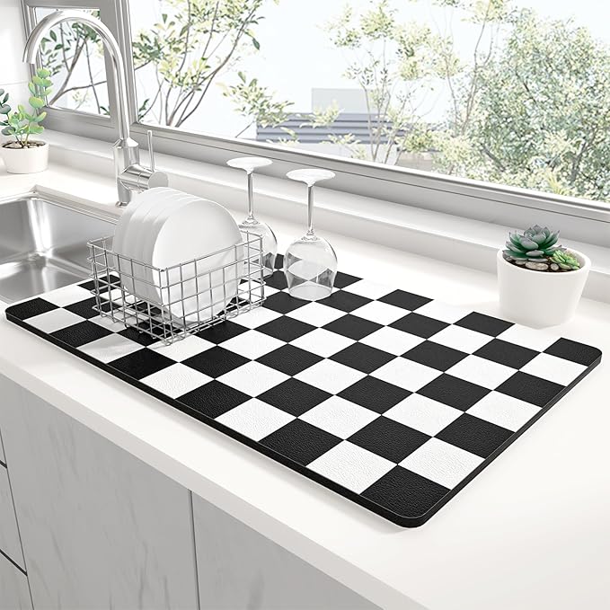 Rnivvi Dish Drying Mat for Kitchen Counter, XL 15 x 24" Cute Checkered by Rnivvi