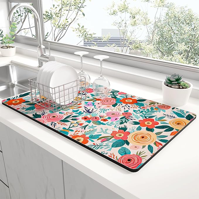 Rnivvi Dish Drying Mat for Kitchen Counter, XL 15 x 24" Cute Flower Super by Rnivvi