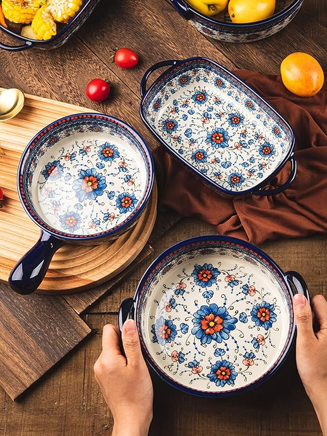 Blue and Orange Flower Vintage Style Ceramic Bakeware Casserole Lasagna Pans - Image 4