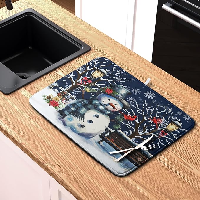 Winter Snowman Dish Drying Mat for Kitchen Counter 16x18, Xmas Snowflakes Dish - Image 6