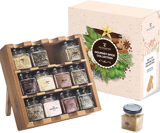 TILZ GEAR Wooden 3-Tier Spice Rack, 12 Filled Glass Jars, 12 Organic Spices - Image 5