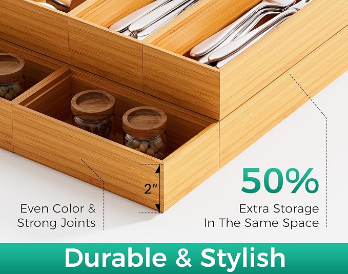 Small Bamboo Kitchen Drawer Organizer Boxes – 6" x 3" Stackable Wood Silverware - Image 3