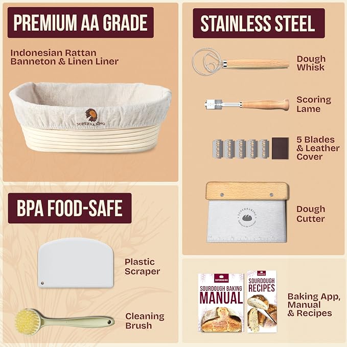 Superbaking 10" Oval Banneton Bread Proofing Basket – Sourdough Starter Kit - Image 2