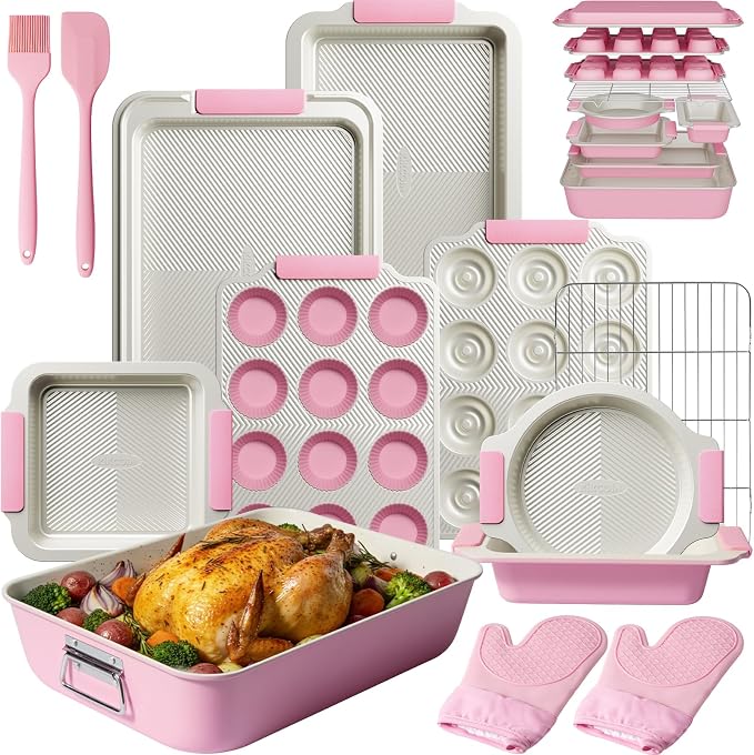 Kikcoin 25 PCS Stackable Baking Pans Set, Non-stick Bakeware Sets by Kikcoin