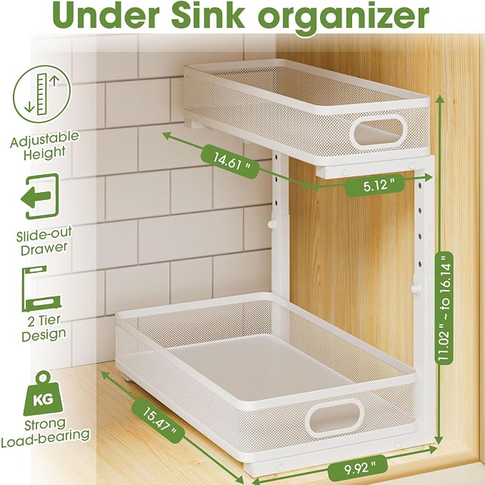 Under Sink Organizer 2-Pack, Metal 2-Tier Pull-Out Cabinet Shelf - Image 4