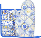 Blue Boho Geometric Silicone Oven Mitts Pan Mats Set of 2, Heat Resistant by Cayiibe