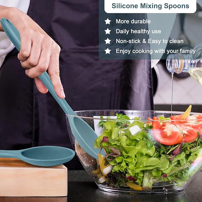 E-far Silicone Cooking Spoon Set of 2, Heat Resistant Kitchen Spoons Utensils - Image 3