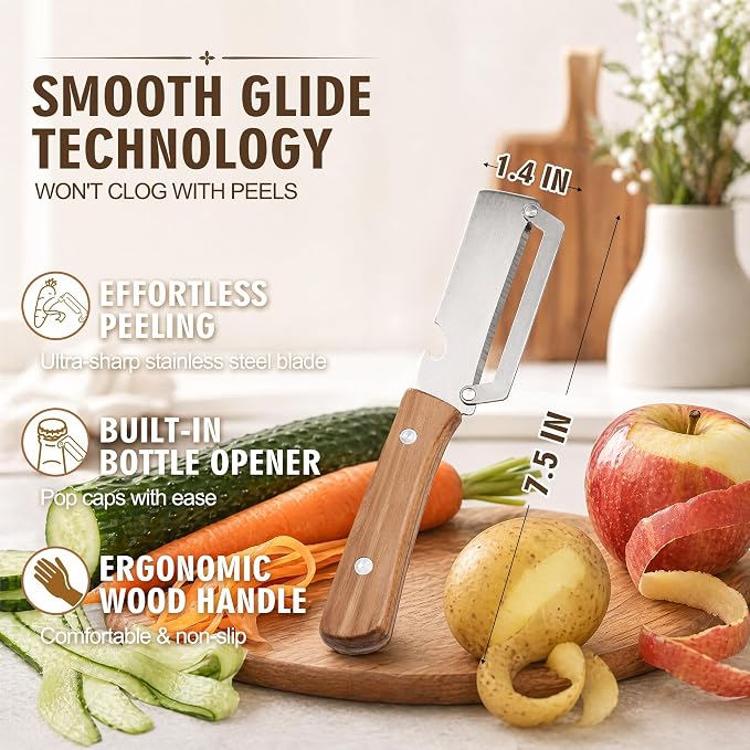 Vegetable Peeler, with Wooden Handle & Bottle Opener, Stainless Steel Kitchen - Image 2