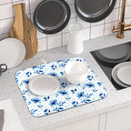 Blue Floral Dish Drying Mat 16x18 inch Flower Leaves Dish Rack Pad Microfiber - Image 6