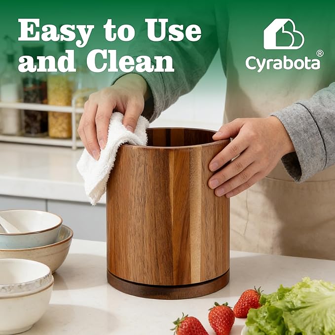 Acacia Wood Utensil Holder 360°Rotating Anti-Tip Design - Image 4