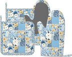 Oven Mitts and Pot Holders Floral Blue Pastel Vintage Silicone Kitchen by DADABULIU